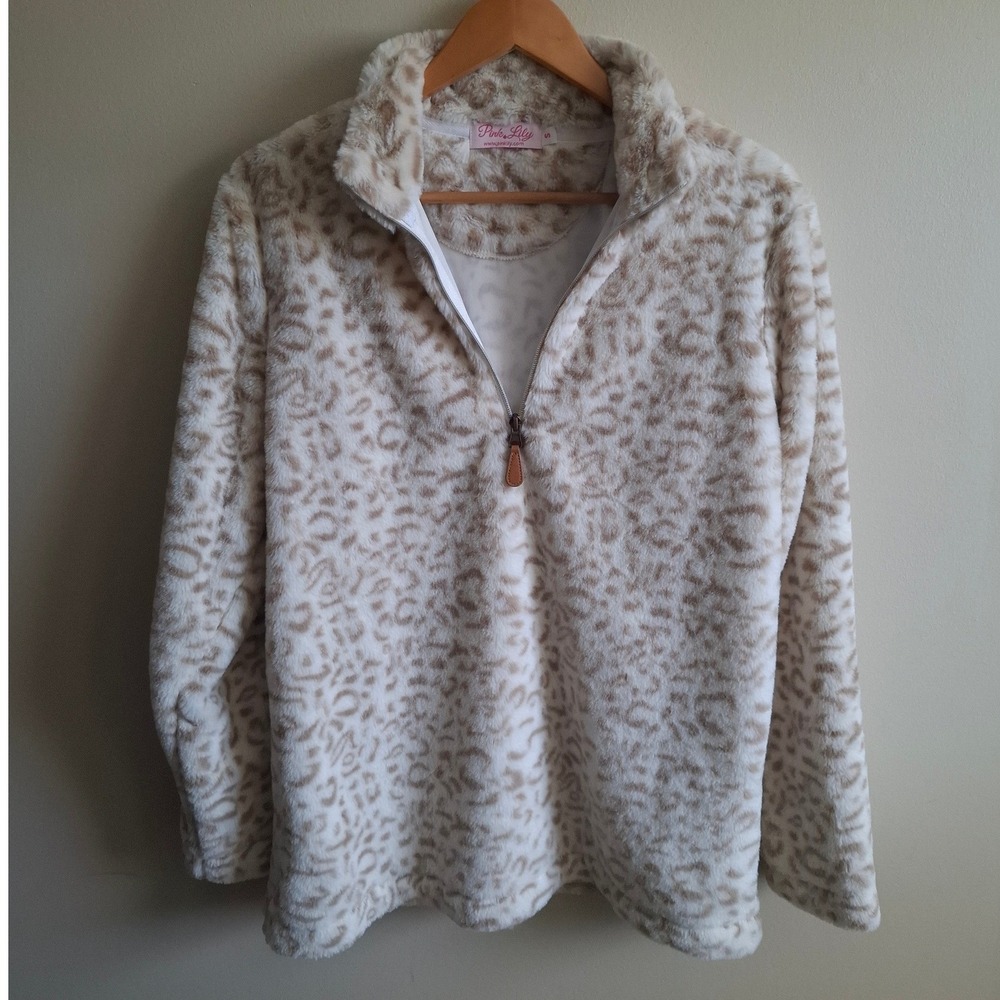 Western Boho Plush Pullover Snow Leopard Beige White 1/4 Zip Womens Cozy Sz S